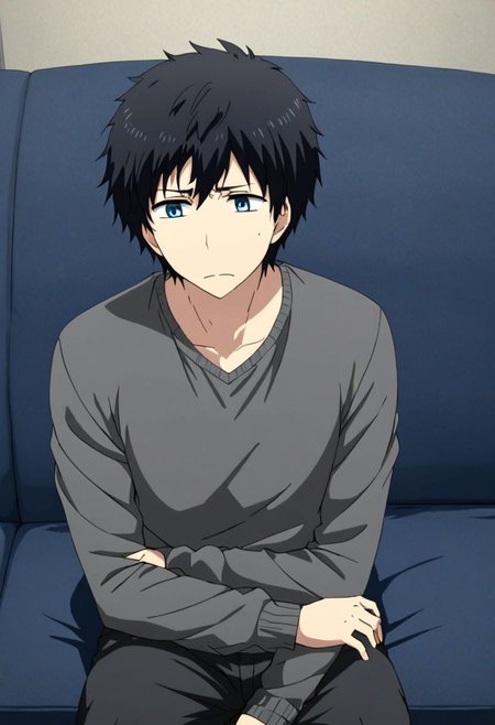 high resolution, solo, best quality, 1Boy, Arata Kaizaki, Black Hair, Blue Eyes, deep talk, depression, sit, couch, OverallDetail