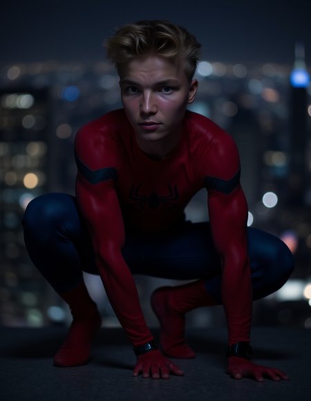 A cinematic, hyper-detailed image of Timlaurez wearing a Spider-Man costume without the mask. His angelic gaze meets the camera with a magnetic charm, evoking the captivating essence of a young vigilante in an immersive cinematic moment.
He is crouched in a Spider-Man pose atop the Empire State Building on a dark night.
 <lora:TimLaurez:1> <lora:aidmaRealisticSkin:0.4>