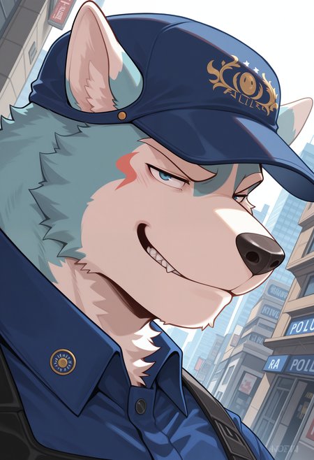 masterpiece,best quality, amazing quality, 1boy, solo, 0guch1, furry male, blue collared shirt, police hat, close up, side angle, smirk, city, 