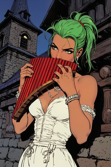 a woman with green hair,spiky hair,mohawk, white dress,long dress,bride dress, gown,solo, in front a church,outdoors,sad, ,playing red panflute , detailed background  Fantastic lighting. Detailed shadows.intricate details, vivid colors, hyper-detailed, ultra-sharp, <lora:PANFLUTE_FLUX>, <lora:Ev_Ganin:0.4><lora:Vintage comic book:0.4><lora:RetroAnimeFluxV1:0.15><lora:Greg_Capullo_style:0.4><lora:jeanClaude_Mzires_Style_FLUX-000001:0.4><lora:Flux_Ink_Anime:0.4>