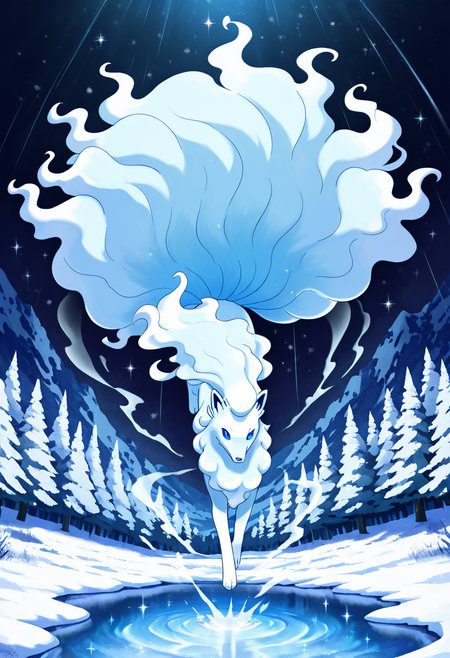 masterpiece, best quality,   zzNinetalesA, snow-covered forest, frozen lake, flurries in air, leaping midair, surrounded by sparkle trails. In a hidden grove cloaked in frost, zzNinetalesA bounds weightlessly above a frozen lake. Snow kicks up around it in glittering spirals, each leap leaving behind a trail of glistening arcs. The trees sway gently, bowing to its presence.   <lora:NinetalesAlolanPokedex_IXL_v1:1.0>,