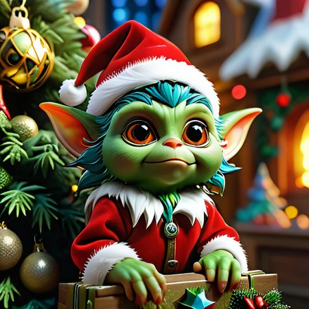 masterpiece, intricate photo, christmas gremlin, background kids elven toy factory at the north pole, christmas tree, festively decorated, christmas gifts, photo realistic, hyper realistic, highly detailed, sharp focus, best quality, high resolution, colorful, vibrant colors, studio lighting, 8K