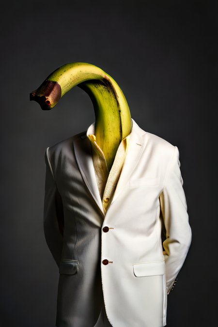 a photo of a banana wearing a white suit <lora:dressedAnimalsLora_v10:1>