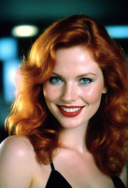 CinematicPortrait woman (analog photo) ginger (smile  )  masterpiece indoors, (glossy dark lipstick), blue eyes, (neon lights office), (soft focus, depth of field, film grain), (((looking at viewer))) <lora:CinematicPortraitXL_v3:0.25>  <lora:EuroBabe-v4-XL:0.35>