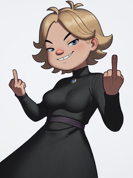 score_9, source_anime, masterpiece, high quality, white background BREAK, <lora:Margu_PDXLv0:0.8> margu, short hair, smug, (((adult:1.2, aged up:1.2, woman, long body))), black black dress, sexy figure, middle finger, medium breasts,