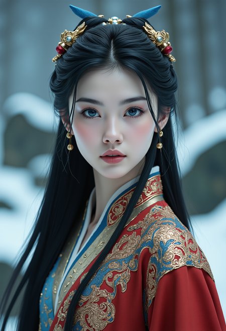 ral-ertmsphr, realistic, detailmaximizer, portrait of a young beautiful Chinese woman with pale skin and long dark hair, blue mystical make up, striking white eyes with ,  pale blue lips. She wears an ornate, traditional garment in red gold and blue with dragon-like designs on the shoulders. Set against a blurred snowy landscape with dark rocks and trees creating a serene mystical atmosphere. The style focuses on realistic textures, intricate details, and ethereal beauty, evoking a contemplative, mystical mood. highly detailed background,