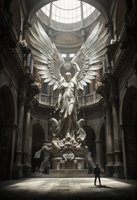 NyxBorne. A photo-realistic shoot from below about a majestic statue of an angelic figure with large wings, set inside a grand, ancient cathedral. the image also shows a dramatic, ethereal atmosphere. on the center of the image, a large, feathered angel statue stands with its wings spread wide, showcasing intricate details and a serene expression. the angel, who appears to be a male figure, is facing away from the viewer, with one arm raised and the other holding a staff. in the foreground, a single figure stands in front of the angel statue, casting a shadow on the stone floor. the cathedral has a high ceiling with a skylight above, allowing light to filter in and illuminate the scene. the walls are made of stone, with intricate carvings and columns, and the overall atmosphere is one of grandeur and awe.