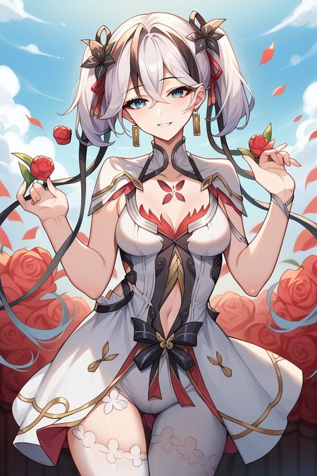 score_9, score_8_up, score_7_up, score_6_up, score_5_up, score_4_up, rating_questionable, , source_anime, digital illustration, pixiv, fanbox, uncensored, , BREAK, official art,
1girl, solo, mature female, camellya, long hair, twisted hair, blue eyes, twintails, white hair, black streaks, hair flower, ,
dress, white dress, jewelry , light smile, navel cutout, clothing cutout, flower thighhigh, white thighhigh, , outdoors , cowboy shot, looking at viewer, colorful, vivid, <lora:Camellya_Pony-10:0.9>