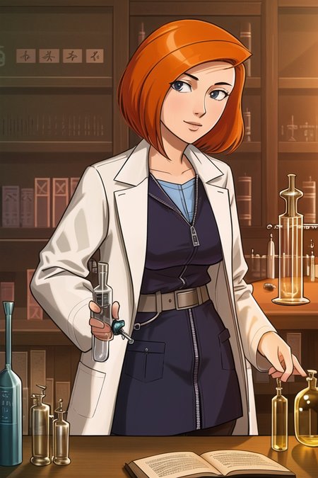 <lora:ann_possible:.6>, ann possible, masterpiece, best quality, 1girl, alchemy, book, bookshelf, coat, flask, holding, holding book, holding flask, labcoat, laboratory, long sleeves, open book, orange hair, round-bottom flask, science fiction, scientist, shirt, short hair, skirt, solo, test tube, zipper, zipper pull tab, mature female,