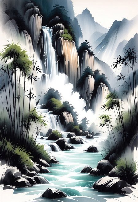 inksketch, landscape, mountains, bamboo forest, waterfall, river, mist,