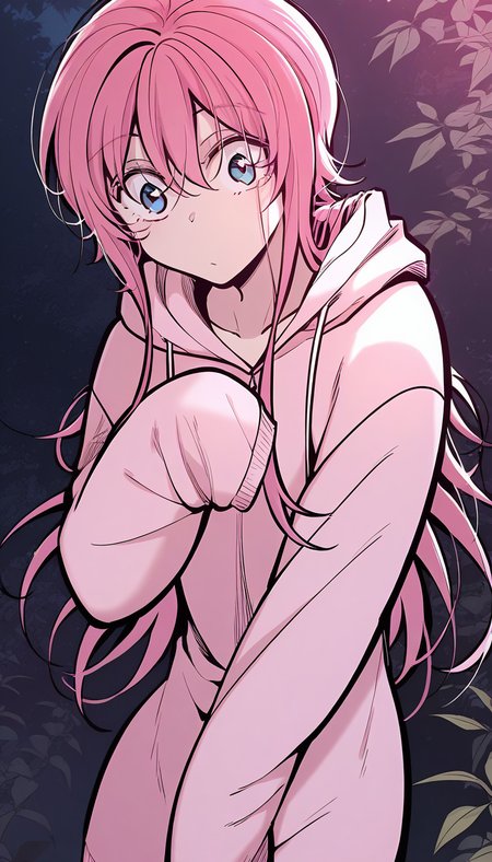 <lora:yushanshan:1>,yushanshan,1girl,long hair,pink hair,hair between eyes,blue eyes,pink hoodie, sleeves past wrists, long sleeves,, masterpiece,best quality,amazing quality,anime screenshot,