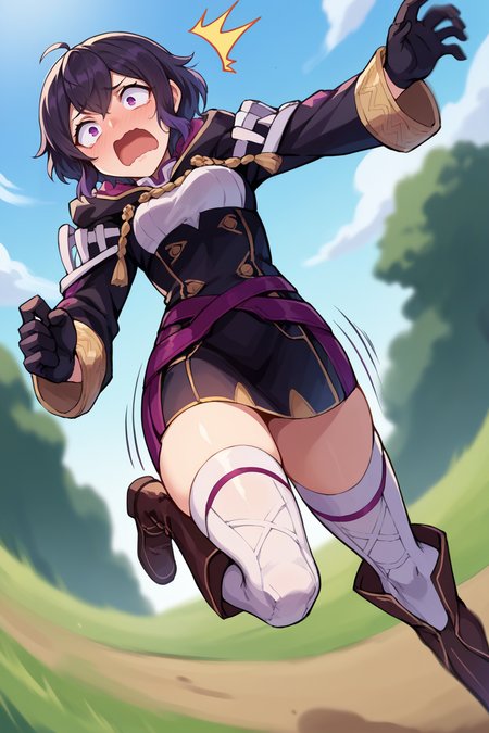 score_9, score_8_up, score_7_up, score_6_up, source_anime, BREAK 1girl, solo <lora:femorgan-pdxl-nvwls-v1-000005:1> feMorgan, short dress, black gloves, white thighhighs, brown boots, stumbling, surprised, open mouth, wavy mouth, tripping, from below, motion blur, field, jumping, motion lines