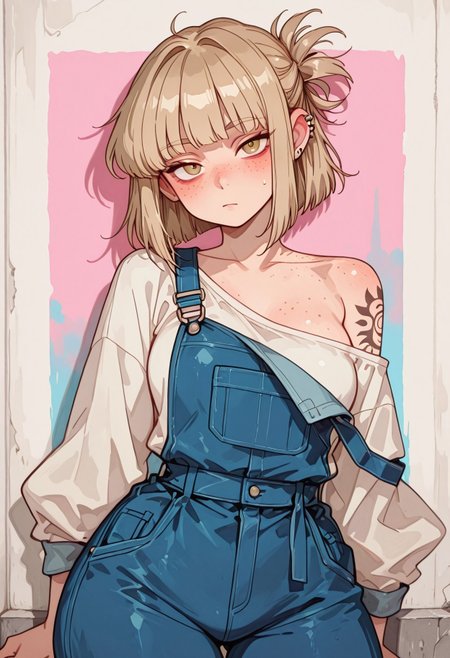 1girl, solo, looking at viewer,
himiko toga, piercings,
bare-shoulder, shoulder tattoo,
freckles, standing,
baggy clothes, single-strap overall,

pink, white, blue,
painted_background,
concrete,

Kenorland, kenorland, artist:moriimee, 748cmstyle, Bl3th3bn3_Styl3_SKNSFW,