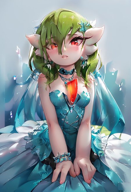 (((gardevoir))), female, furry, (long green hair), pale skin, (score_9, score_8_up, score_7_up), 20 year old, long green hair,  idol dress, perky breasts, hair over breasts, long hair, pretty face, looking at viewer, red eyes, vivid eyes, EGirlMakeup, light freckles, idol outfit, singing, on the stage, volumetric lighting, vivid colours,  g0thicPXL, face focus, Rilex Lenov Art style