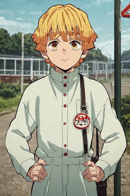 score_9, score_8_up, score_7_up, score_6_up, score_5_up, score_4_up, BREAK source_anime, anime screencap, , official style, looking at viewer, , , 1boy, solo, male focus, <lora:zenitsu_agatsuma_pony:0.82>, zenitsu_agatsuma, blonde hair, yellow eyes, short hair, bangs, thick eyebrows, , , , bus stop, Standing tall, hands on hips, looking confident, <lora:sdxl_lightning_8step_lora:1>