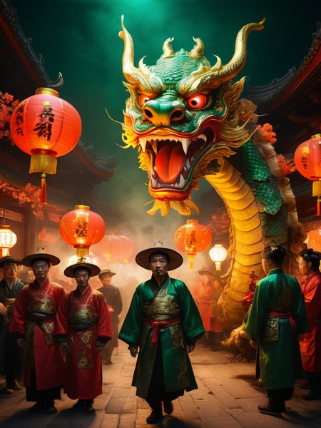 masterpiece by Piotr JabÅoÅski, of a vibrant lunar new year celebration, 
In ancient times, there was a monster named Nian, at night, intricately detailed dragon, adorned with emerald and golden scales, happy men and women dressed in traditional attire for a Chinese New Year celebration, traditional Chinese lanterns, lighting up the night sky, cinematic, cinematic shot, cinematic lighting 
 rembrandt lighting style, shadow, partially covered in shadow, <lora:xl_more_art-full_v1:1> <lora:add-detail-xl:1.1> misc,