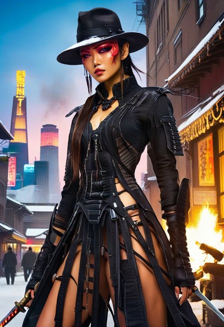 ((masterpiece, best quality, highly detailed)), cowboy shot, an asian skinned woman, stunning looks, demobaza, demobaza, The Hateful Eight film style, ((tall hat:1.3)), ((swords, (((flaming sword))), cyber sword in each hand, sword in both hands:1.5)), wearing an unusual dress, black combat boots, in the city, cyber punk background, neon lights, short hair, brown eyes, demobaza, cyberpunk style, cyberpunk