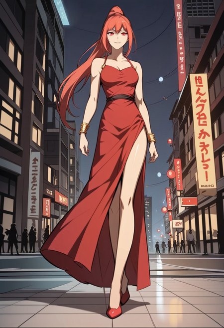 score_9, score_8_up, score_7_up, 1girl, night, indoor, in an art gallery, full body, frontal shot, from below, long legs walking, solo, walking elegantly, dynamic pose, Feng Ling, orange hair, red eyes, medium breast, long hair, ponytail, red long dress, one-sleeve dress, wide neckline, one bare arm, red heels, gold slim bracelets, left elbow glove, looking at the viewer, walking, bare legs, long legs, nice legs, ultra detailed, masterpiece, <lora:add-detail-xl:1>, <lora:StS_PonyXL_Detail_Slider_v1.4_iteration_3:4>