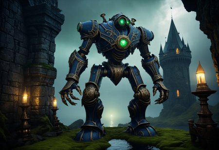 giant bipedal robot dirty dark blue and dark green, bronze paisley robot. lacy robot metal goggle head. outside of a steampunk keep. large detailed torso. dark image. one forty foot tall ancient robot with great arms and two heavy spring legs. dark foggy night background. $dark foggy night image only. dark photo realistic image. steampunk details. cogs, chains and pipes incorporated in the fantasy buildings. magic wizards tower in background. Dark swamp, moss, castle ruins, wizards tower. stormy dark night.  stormy sky.