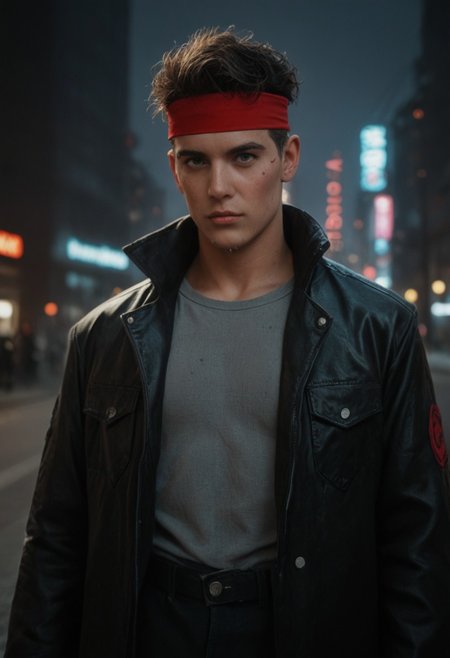 score_9, score_8_up, score_7_up, amazing quality, ((single character)), 80s cyberpunk, 80s movie with film grain, character portrait, industrial city with neon advertisements,
BREAK, a korean american man tightening his red headband, wearing a black leather jacket and a grey shirt with crimson kanji symbols, wearing black aviators, wavy combed hair, slightly sweaty porous skin,