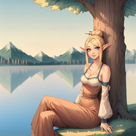 1boy,score_9,score_8_up,score_7_up,score_6_up,score_5_up,1girl, solo, cute,oblivionarts, mature  female slim elf sitting next to tree, small breasts, small waist, thin hips, cleavage, leaning against tree, close up, smiling, looking at viewer, detached sleeves, freckels, blonde hair, side bangs, hair strands over face, blue eyes, fit, single hair bun, mountain, long ears, lake,
 <lora:Oblivion:1.4>