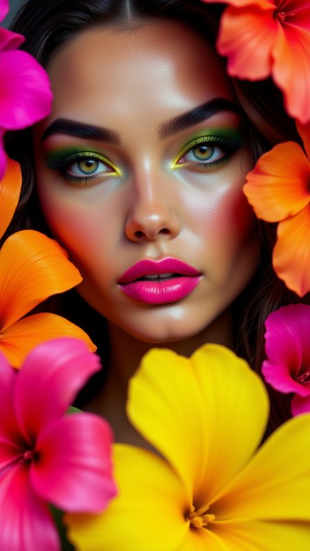 A close-up of a supermodel surrounded by tropical flowers in bold shades of fuchsia, orange, and yellow. Her makeup matches the vibrancy of the flowers with neon pink lips and lime green eyeliner. Her skin has a dewy finish, as if glowing under the tropical sun,<lora:BetterPortraits:0.7>, jedjv1,  <lora:JedJourney_epoch_7:0.3>