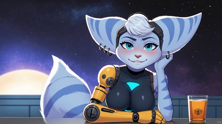 score_9, score_8_up, score_7_up, source_anime,  rivet, rivet_(ratchet_and_clank), lombax, tail, breasts, grey fur, half portrait, looking at viewer, one arm, anthro,  spaceship, (bedroom:1.4), window, (black in space background, in space:1.3), (glass table, glass, whiskey:1.2), (drunk:1.3), (breast squish:1.1), half-lidded eyes, slumped over table, dumb face,  <lora:haaru:0.8>, <lora:ROC - Rivet:0.6>,  short, blue fur, body fur, (right mechanical arm), single mechanical arm, (single bare arm:1.2), racrivet,    1girl,