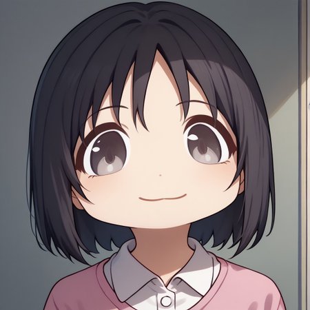 score_9, score_8_up, score_7_up, source_anime, solo, 1girl, shinonome nano, black hair, mutsukiface, chibi, portrait, smile, closed mouth, silver eyes, white button up shirt, pink sweater,