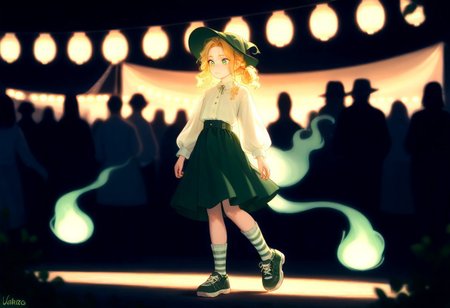 soft light, perfect anatomy ,  sharp focus, ((Depth of field)) deep depth, (Ultra detailed), best quality, intricate lighting, (absurd resolution), high resolution, intricate details, volumetric lighting, green hat, yellow hair, flowing detailed hair, innocent eyes, white panty hose, green skirt, green shoulder straps , white thick inner shirt, green striped socks, green shoes, small hat, twin tail hair,  natural cloths, wild like girl, Fun Spirit, Fine Details, ,Fun Spirit, Fine Details,, s4ish0,, curious excitement , (white center tones), (green inner tones),  (festival)