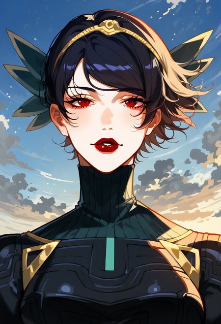 1girl, full body panagiayokosmtvv, short hair, black hair, swept bangs, headband, red eyes, red lipstick, turtleneck, bodysuit, skirt, thigh strap,,yellow field, dark deep blue sky, evening. upper body shot, closeup, portrait, sky, clouds, blacklight, dappled light,dappled sunlight  <lora:sxz-Slavic-Fantasy-pdxl:0.75>, BREAK, score_8_up, score_7_up, Expressiveh, slavic,kanekostyle, lipstick, eye shadow, eyelashes