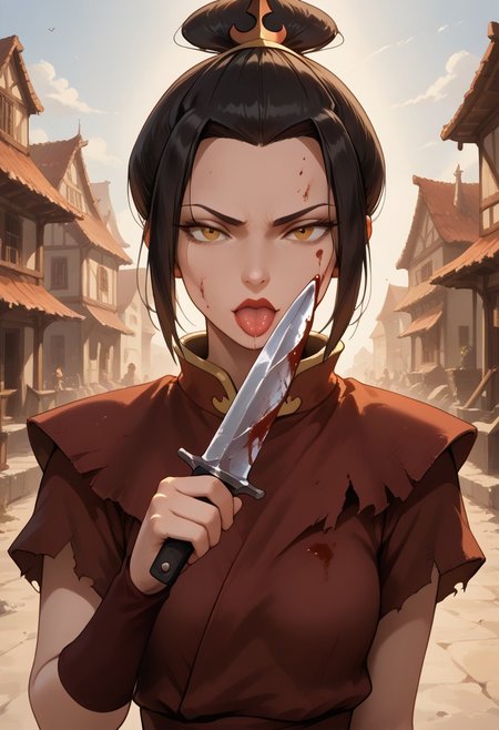 score_9, score_8_up, score_7_up, easynegative, realistic style, symphtia-style, dim lighting, detailed face, 1girl, lips, azula1, yellow eyes, single hair bun, topknot, lips, lipstick, short hair, medium perky breast, sidelocks, bare collarbones, ((torn clothes: 1.2)), brown baggy clothes, (upper body focus), (focus on breast), ((holding knife)), outside, in a town square, 
KN1F3L1CKV1,, licking_weapon, licking_blade,, bust, upper_body, holding_knife, knife, holding_weapon, tongue_out, saliva, saliva_trail, blood on knife, blood on face,