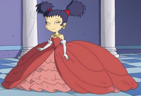 1girl, solo, kimi_finster, dark black hair, twin tails, white skin, princess make up, Very long large floor length wide straight tulle red long sleeved ball gown hoop skirt, ball gown hoop skirt, red princess dress, hoopdress, my big princess gypsy wedding dress, ballgown, a girl in a dress posing like a princess for a picture, looking at viewer, half closed eyes, closed mouth, she is posing, she is walking like a quinceanera model