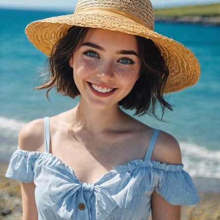 1girl,  (small, petite, cute and beautiful Irish girl), dressed in a skimpy summer short yellow dress with thin straps that slip from shoulders, off-shoulders,  deep and low cleavage,  bare shoulders and back, black long hair wild and wavy under an oversized straw hat with a large blue ribbon, vivid light grey eyes with long eyelashes, big smile, freckles, perfect hand and fingers, walking on the shore in County Mayo, an incredible blue sea background