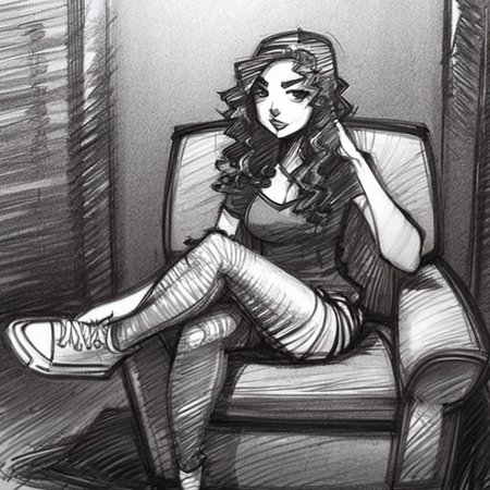 drawix21 close up girl with long dark curly hair, a gangster in a cap, sitting on a large dusty armchair in a dark room, black ink<lora:drawix21:1>