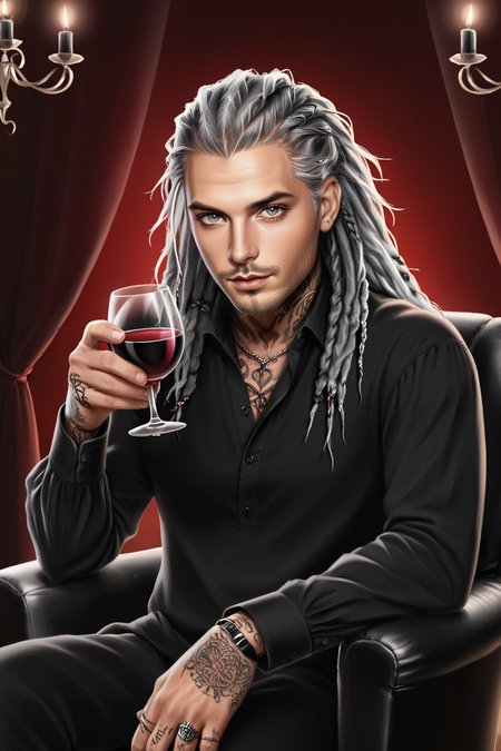 male, grey hair, dreadlocks, facial hair, black eye makeup, grey light eyes, tattoo, clothes in black shirt, sitting on chair, holding a red wine glasses, room interior background, illustration style art <lora:Amergin XL:0.8> amergin