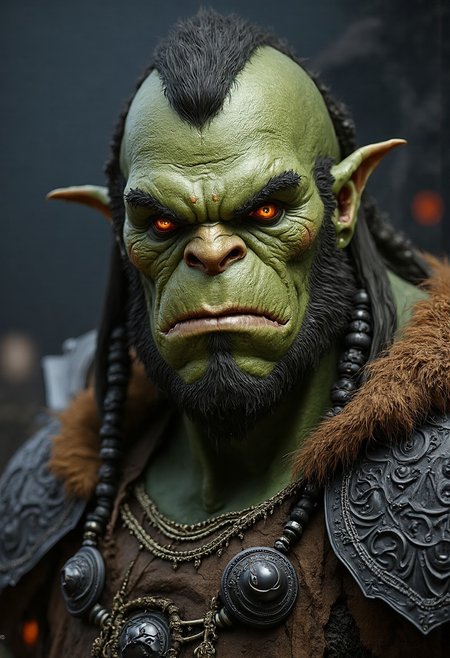 Ultra Realistic Portrait of a formidable human-orc warrior with rugged, green skin that is textured with scars and tribal markings. His face is strong and angular, with a pronounced brow and a broad, square jaw. His tusks jut out prominently from his lower jaw, adding to his fearsome appearance. His eyes are a fierce amber, glowing with intensity and intelligence, set deep beneath a heavy brow.
His hair is dark and coarse, pulled back into thick braids adorned with bone and metal rings, showing both his heritage and warrior status. His nose is wide and slightly flattened, complementing his strong facial features. The orc's expression is one of stern determination, with a hint of battle-hardened wisdom.
He wears heavy, battered armor on his shoulders, made of dark iron and leather, with intricate, weathered engravings that tell tales of countless battles. Around his neck, he has a thick, fur-lined mantle that adds to his imposing presence.
The lighting is harsh, casting deep shadows across his face and highlighting the rough texture of his skin and the gleam of his armor. The background is blurred but suggests a dark, smoky battlefield, with hints of firelight reflecting off his armor, emphasizing the orc's role as a powerful and seasoned warrior in his world