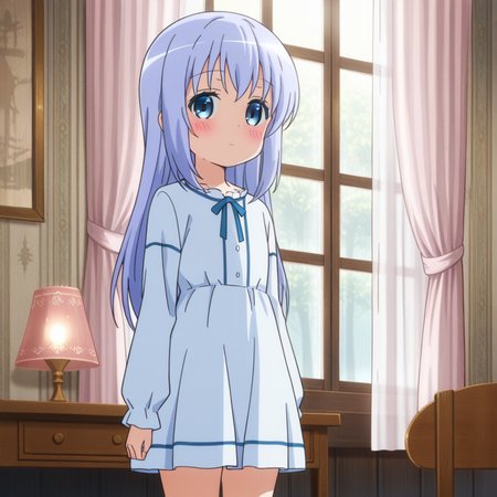 nsfw, masterpiece, best quality, amazing quality, 1girl, solo, is_the_order_a_rabbit_chino_kafu, standing, blush, long hair, closed mouth, blue eyes, blue hair, long sleeves, indoors, chair, bangs, dress, curtains,lamp, window, desk, looking at viewer, <lora:Chino_Kafu_-_Is_the_Order_a_Rabbit:0.7>
