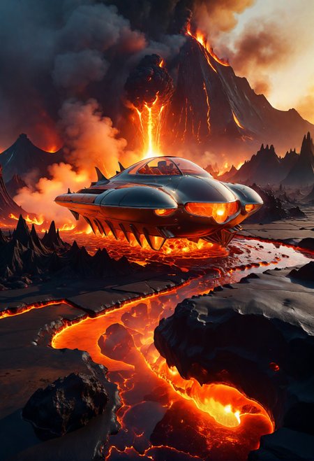 retro-futuristic aesthetics, retro design vehicle on molten lava alien landscape, the surface is covered in molten lava, with active volcanoes spewing fiery eruptions and noxious gases, scorching hot, warm and bright sunlight, a mesmerizing blend of light and shadow. masterpiece, absurdres, intricate details<lora:retro_XL_2:1>