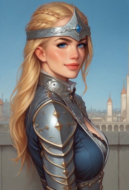 1girl, (((side view))), illustration, looking at viewer, highly detailed, source_comic_illustration, from front, 1girl, illustration, comic style, looking at viewer, highly detailed, source_comic_illustration, skinny, looking at viewer, 1girl, masterpiece, best quality, <lora:Evie_Frye_pxl:1> score_9, score_8_up, score_7_up, score_6_up, score_5_up, score_4_up, source_photo, source_real, 1girl, solo, long hair, breasts, ((gatekeeper clothes)), looking at viewer, blonde_hair, ((((medieval wiking helmet)))), cleavage, closed mouth, blue eyes, guards armor, eyelashes, ((leather armor)), freckles, realistic, nose, (((dynamic pose, dynamic angle)))
BREAK 
sad smile, looking at viewer, 
BREAK 
best quality, depth of field, bokeh, (((full clothed)))  (best quality, high detail), ((masterpiece)), ((((holdind big sword in hands)))), <lora:1_ino_20e:1>
BREAK 
((((blue sky, city)))) score_9, score_8_up, score_7_up, score_6_up, source_cartoon, rating_explicit, Expressiveh, (((((upper body))))), dynamic pose