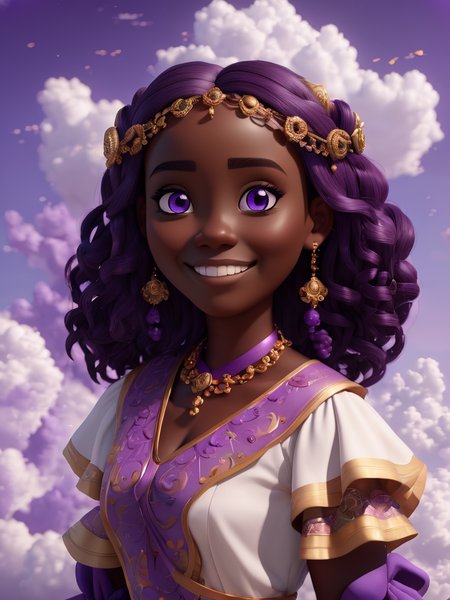 3D Style, (masterpiece), girl, dark skin, purple eyes, smile, posing for a picture, cloud  <lora:3d_render_style_xl:0.8>