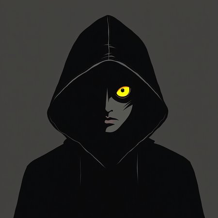 abstract artstyle, logotype containing black and grey colors, yellow eye hiding in the shadow of the hood, hood is tottaly black except eye that emerging from it
