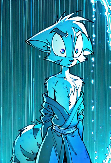 Mace, Dreamkeepers, 1boy, anthropomorphic, feline-like, white fur, spiky hair, masterpiece, best quality, chest fur, <lora:Dreamkeepers_Mace_Illustrious:0.8>,
,masterpiece, best quality, amazing quality, male, score_9, score_8_up, score_7_up, solo, no text, high detailed, high quality, masterpiece, no text, quality highlights, 8k detail, detailed background, ultra-detailed,  high quality, best quality, rendering, high resolution, best render quality, standing, facial features, white skin, Japanese Temple, medium bushy tail, male, detailed hair, narrow shoulders, one tone torso, two tone face, two tone tail, sexy, vibrant details, fluffy fur, blue eyes, wide curves, black nose, Blue robe, Golden katana, serious expression, blood on face, looking cool, rain pouring down, dark lighting, facial, closeup of eyes, intense expression, angry, determined