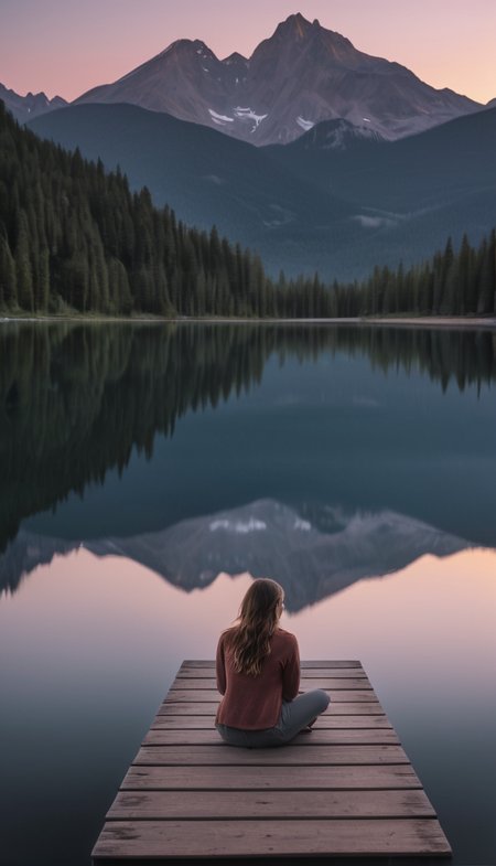 24. A woman sitting on the edge of a dock overlooking a calm lake at dusk, sky glowing softly, mountains reflected in the water, ultra_detailed, 8k, peaceful and calming, wide-angle shot