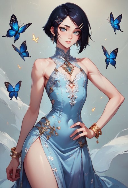 score_9, score_8_up, score_7_up, 1boy, femboy, otoko no ko, short hair, bob cut hair, black hair, grey eyes, gray eyes, feminine face, toned body, Shelly, 
lace dress, embroidered cutouts, earrings, bracelets, butterfly hairclip, 
highly detailed, intricate, zzCitronCAT, contrapposto, one hand on hip, modelshoot
