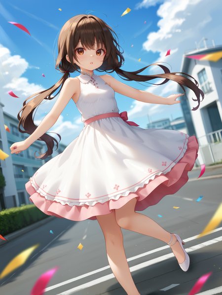 1girl, 
dynamic angle, depth of field, solo, breasts, sleeveless dress, twintails, dutch angle, brown hair, shoes, long hair, cloud, looking at viewer, very long hair, cloudy sky, standing on one leg, sky, parted lips, white dress, standing, wind, small breasts, day, blue sky, bare shoulders, floating hair, blurry background, white footwear, brown eyes, blurry, outdoors, bare arms, holding, blush, sleeveless, low twintails,
A young girl with long black hair and bangs. she is wearing a pink dress with a ruffled skirt and white high heels. the girl is standing on one leg with her arms stretched out to the sides and her head tilted back, as if she is dancing or singing. the background is a blue sky with white clouds and colorful confetti scattered around. the overall mood of the image is playful and whimsical.
score_9, score_8_up, score_7_up, source_anime
 <lora:style017:0.8>