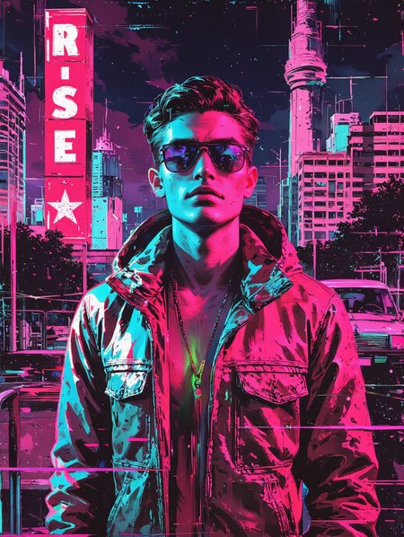 A high-quality, visually striking pop album cover in the aesthetic of disco and synth-pop. The scene features a young white man with sharp facial features, styled in a retro-futuristic 1980s outfit—metallic jacket with neon highlights, stylish sunglasses reflecting vibrant city lights. The background is a neon-lit urban cityscape with a cyberpunk touch, featuring glowing signs, chrome textures, and a mix of pink, blue, and purple hues. The subject has a confident, charismatic expression, slightly illuminated by a soft neon glow. The composition includes geometric patterns, VHS glitch effects, and a grainy retro texture to enhance the vintage feel. The typography is bold, in a classic 80s font with chrome and neon effects, complementing the overall aesthetic. The lighting is dynamic, with reflections bouncing off the metallic surfaces, creating a vivid and immersive atmosphere.