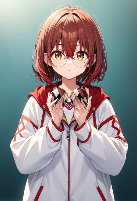 sakurai energy, highres, official_art, parted lips, looking at viewer, round eyewear, detailed face, freckles, red hair, brown hair, hair between eyes, mole under eye, oversized jacket, shiny clothes