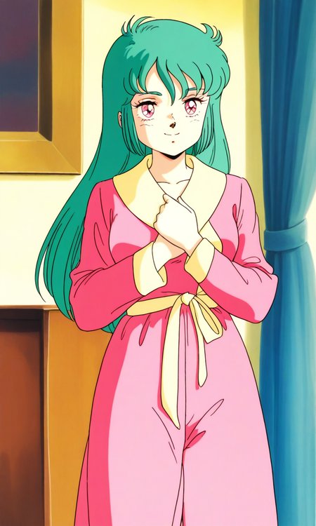 general,highres, ultra-detailed,very aesthetic,best quality ,best hands, BREAK <lora:Ciela_Lapana_gown_IS:0.8>
Ciela_Lapana(gown), 1girl, solo,  long hair, green hair, pink eyes, bangs, medium breasts, pink and Yellow gown, robe, smile, 
pajamas, indoors,  cowboy Shot,
hands on own chest,
long sleeves, 1980s (style), anime coloring,