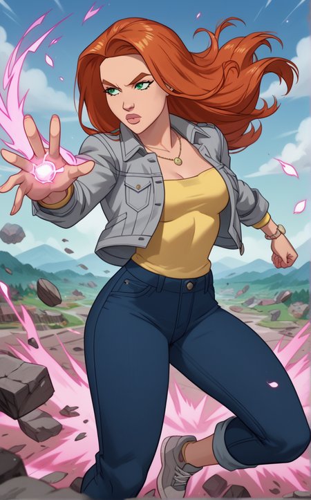 score_9, score_8_up, score_7_up, absurdres,full body, aura, powering up, energy, fighting stance, serious, debris, aura, powering up, energy, fighting stance, serious, debris, falling petals, <lora:PONYXL_Invincible_AtomEve_ownwaifu:0.9>, BREAK GreyJacketYellowShirt_AtomEve_ownwaifu, 1girl, orange hair, shiny hair, straight hair, eyelashes, green eyes, long hair, nose, thick eyebrows, thick lips, jewelry, necklace, yellow shirt, grey jacket, jeans, blue pants, denim, open jacket, denim jacket, pocket, long sleeves, breasts,      <lora:add-detail-xl:0.15>,