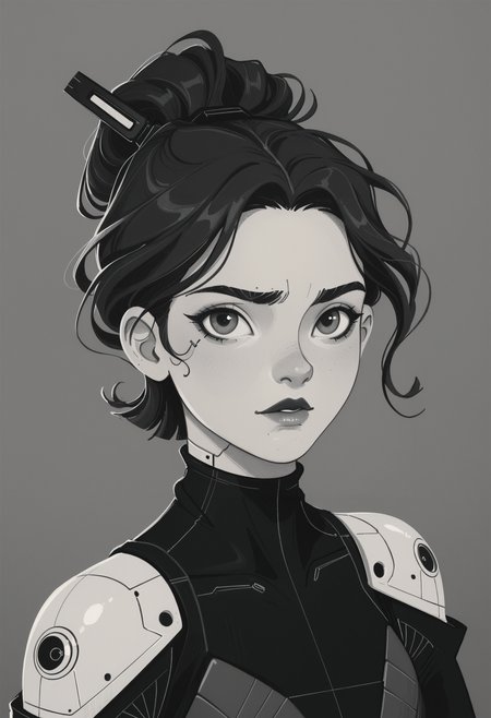 score_9, score_8_up, score_7_up,BREAK,1woman,black hair,slick hair,updo hair,short hair,wearing robotic headgear,monochrome,black and white,cyberpunk,steelpunk,msmln,<lora:add-detail-xl:1>, <lora:MSMLN:0.71>